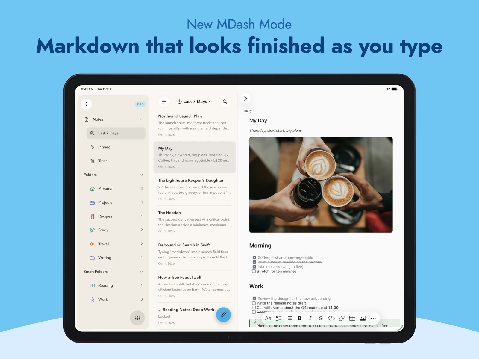 MDash mode on iPad showing a formatted daily note with a photo and checklist