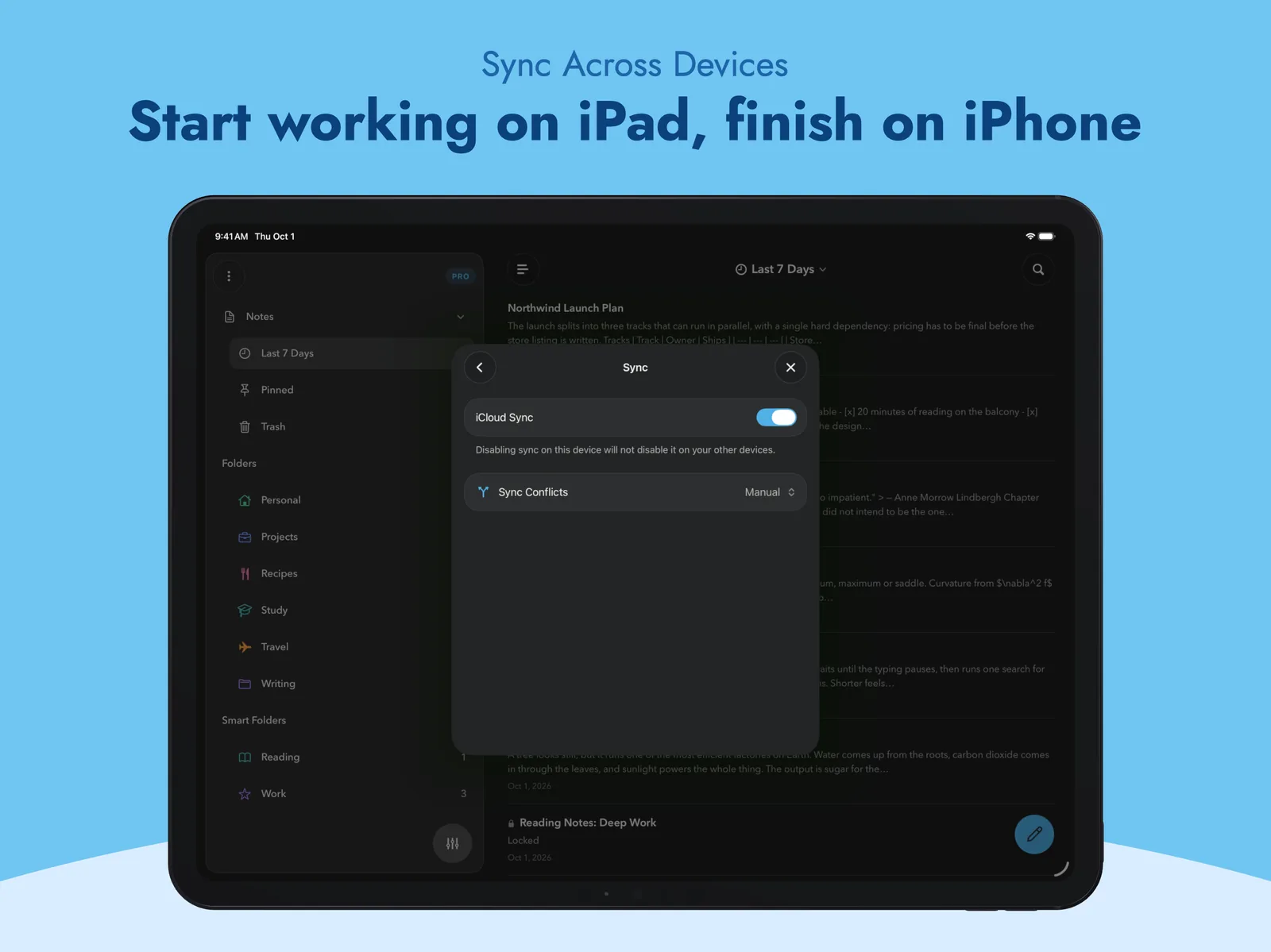 MDash on iPad with iCloud Sync settings open
