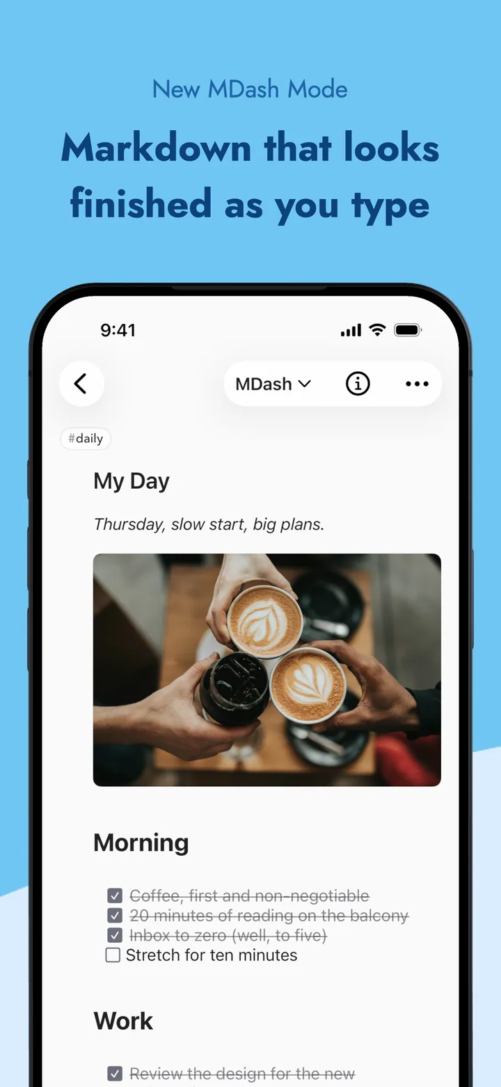 MDash on iPhone showing a formatted daily note