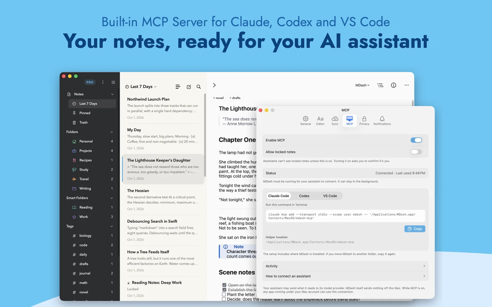 MDash on Mac with Settings showing the built-in MCP server